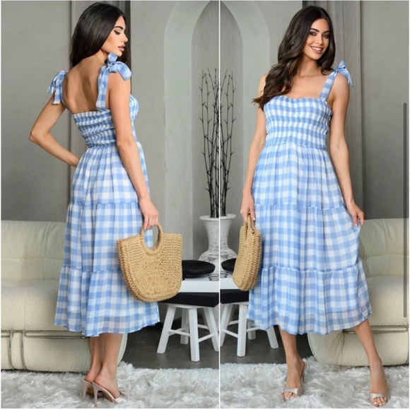 Blue gingham check women’s trendy cute midi blue white dress - Picture 2 of 4
